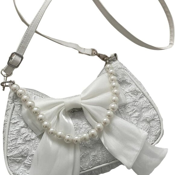 Women's Pearl Shoulder Bag Linen Small Purse Evening Clutch Trendy - Picture 1 of 8